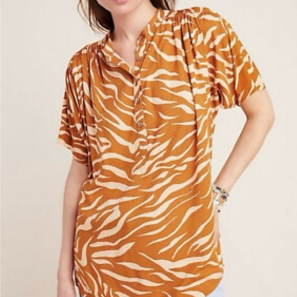 Maeve for Anthropologie Windham Tinic Top Brown  Zebra Print